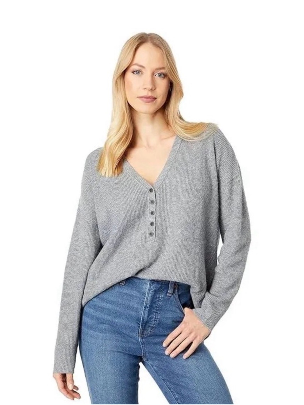 Madewell Asherton Waffle Heather Grey V-Neck Henley Sweater- S